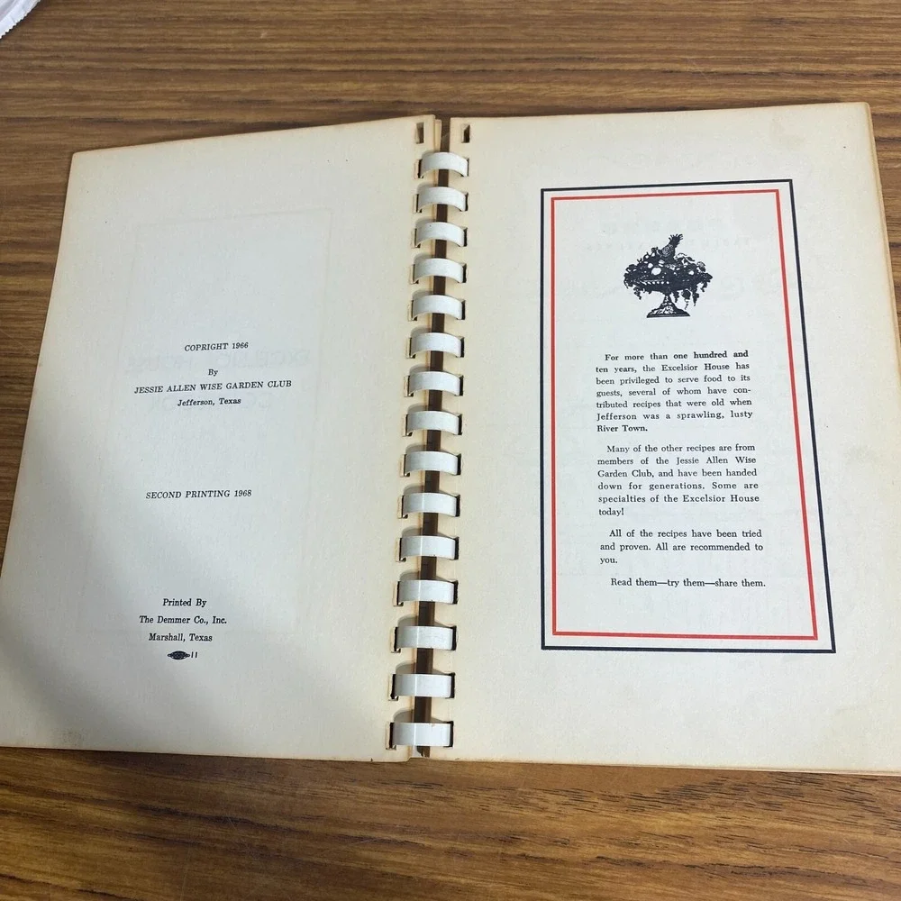 Excelsior House 1968 Vintage Cookbook Jessie Allen Wise Garden Club Jefferson TX